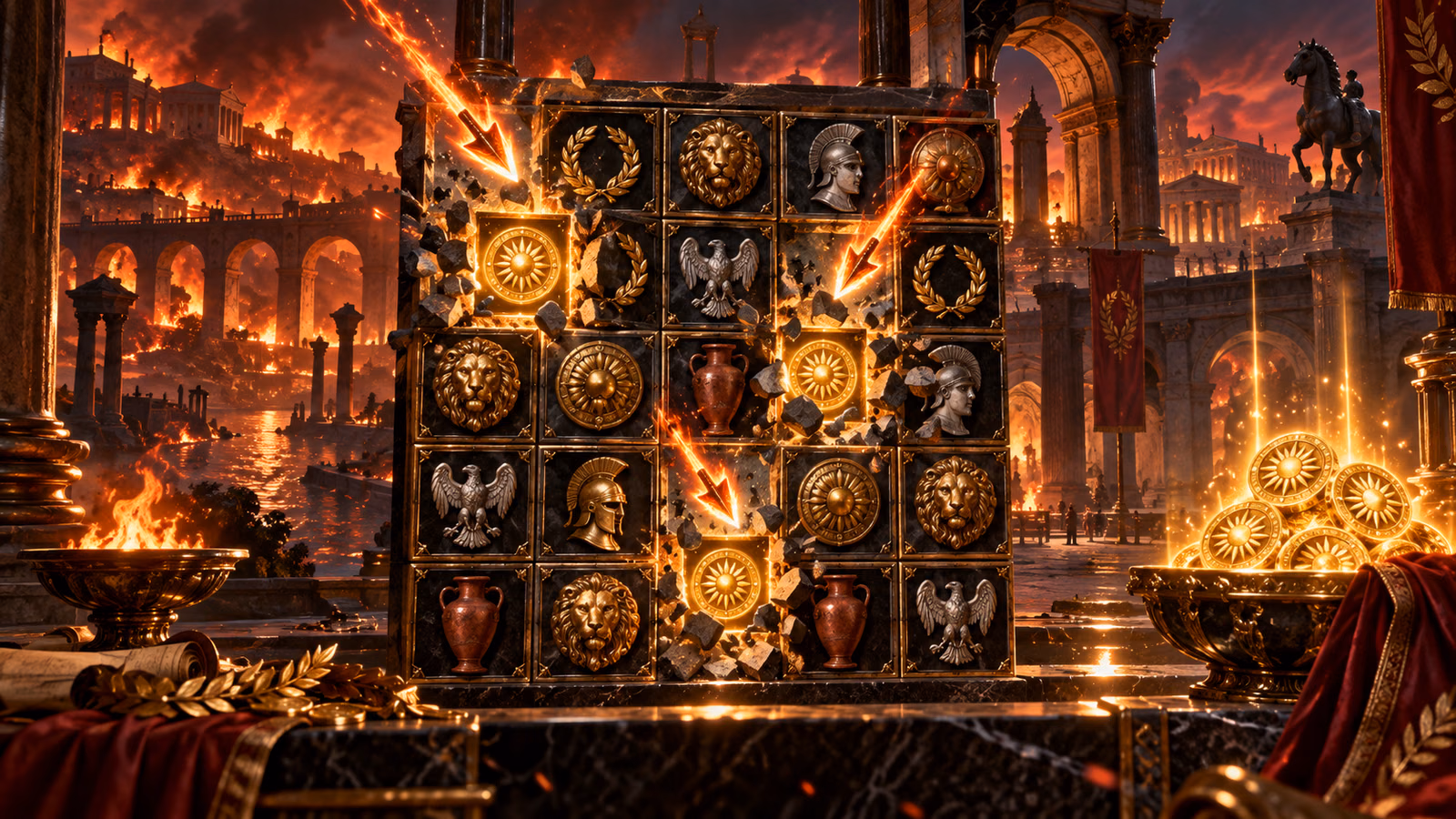 Original fire-lit ancient Rome with a 5 by 5 cluster grid and glowing multipliers revealed beneath removed symbols