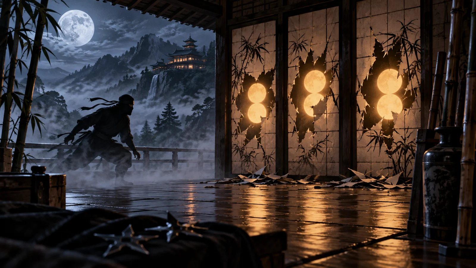 Original editorial artwork of a moonlit mountain dojo with a black-clad silhouette and shattered paper screens
