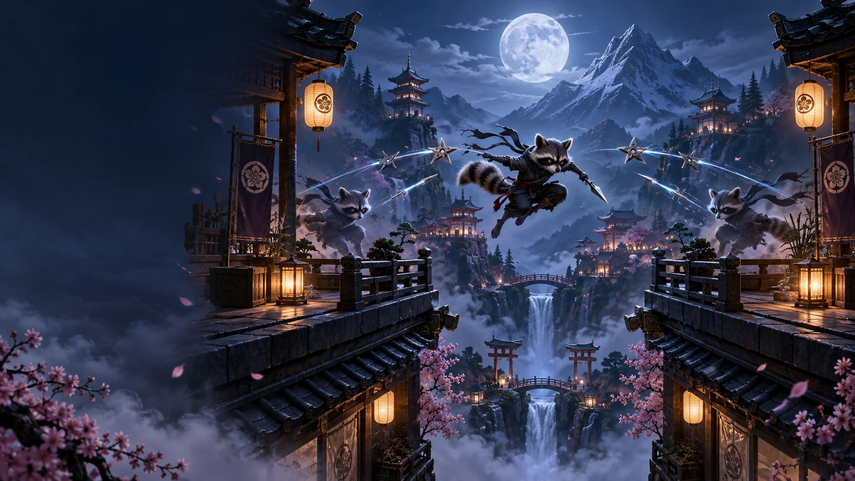 Original editorial artwork of a ninja raccoon crossing mirrored rooftops in a moonlit mountain village