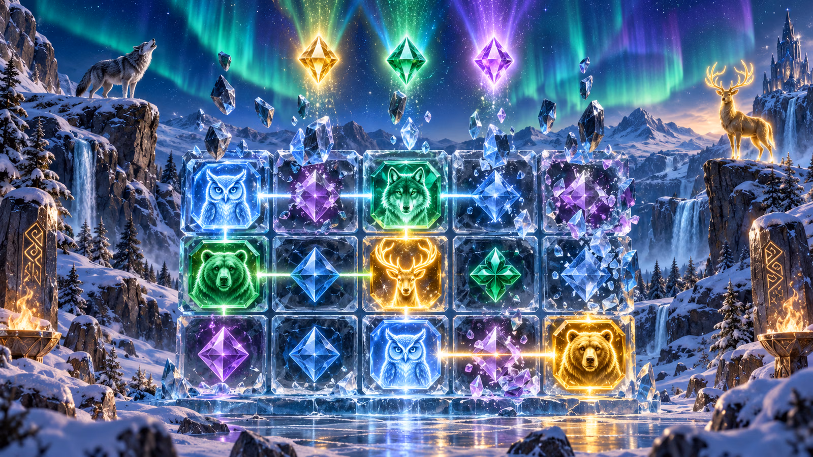 Original snowy northern valley with a five-by-three crystal-animal board, locked win paths and aurora bonus lights