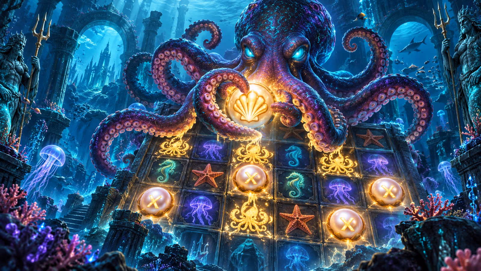 Original deep-sea octopus over a cascading temple grid with luminous ink marks and multiplier pearls