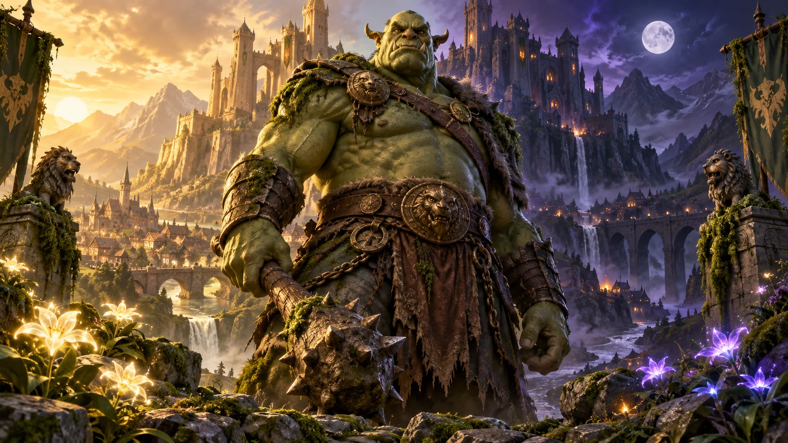 Original fantasy artwork of a huge green ogre between a sunlit kingdom and a moonlit citadel