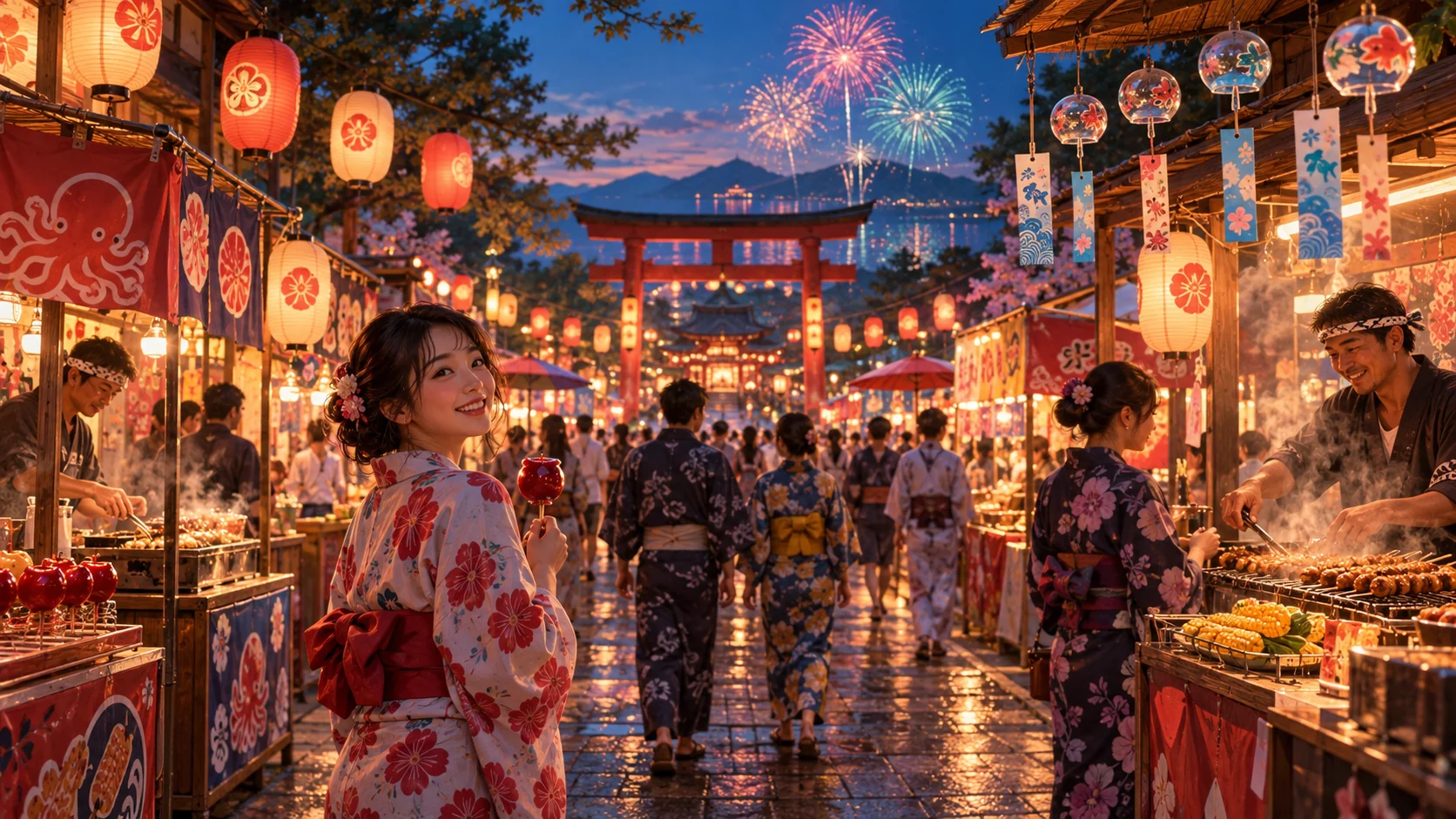 Original editorial artwork of a lantern-lit Japanese summer festival with food stalls, wind chimes and fireworks