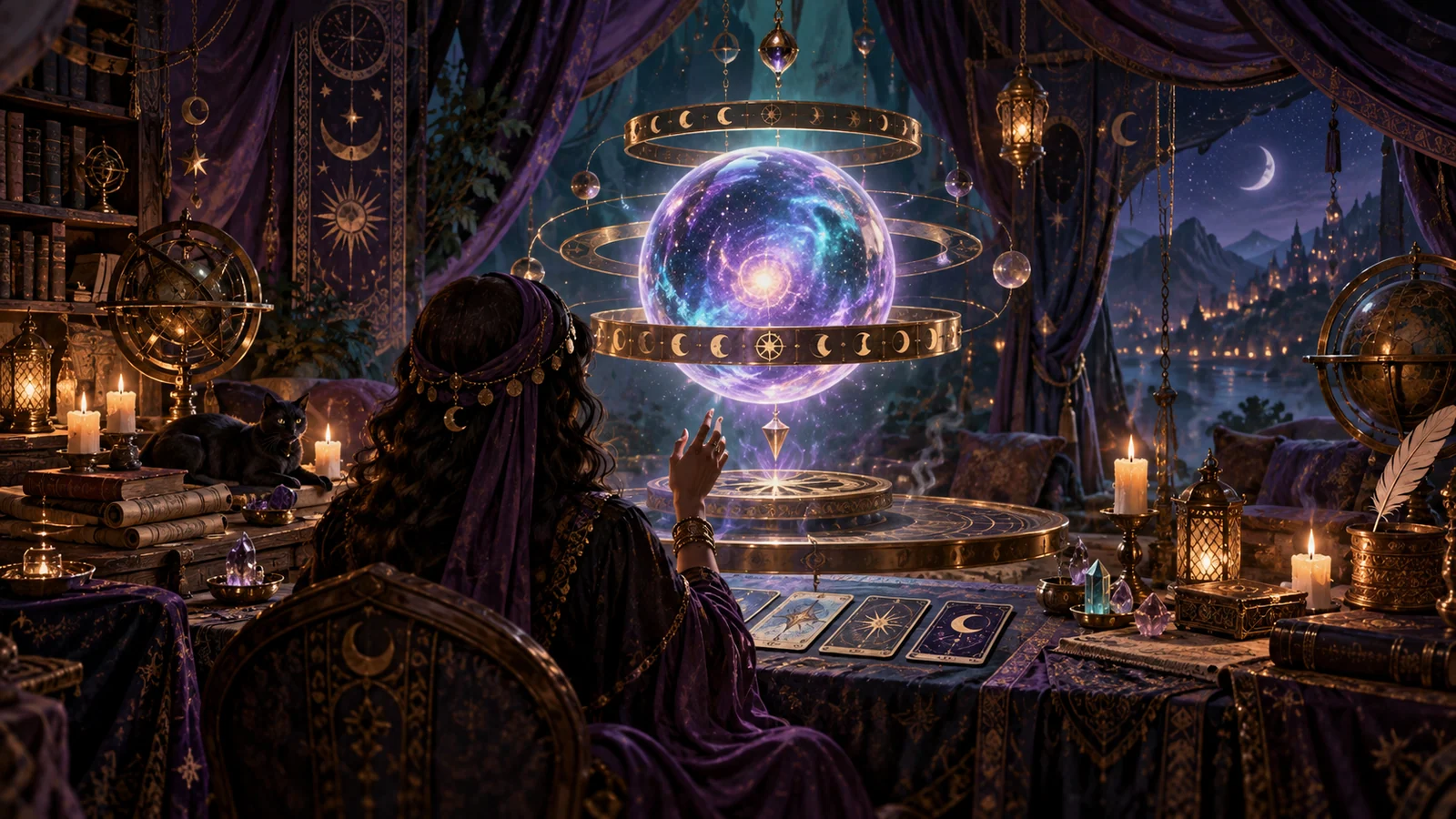 Original editorial artwork of a fortune teller observing a levitating cosmic orb and brass multiplier rings