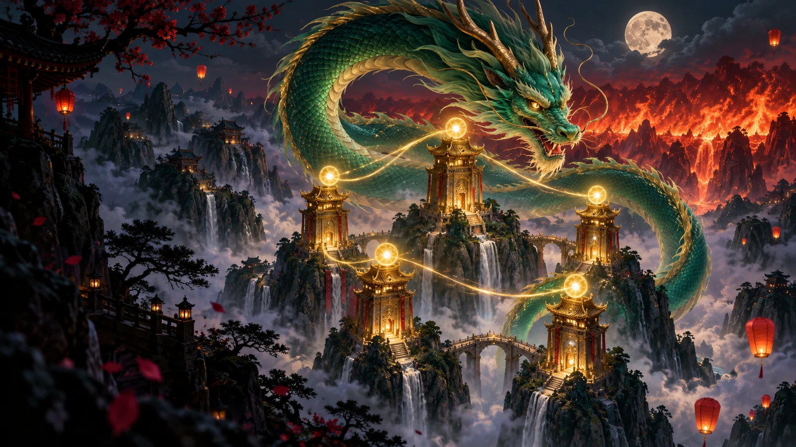 Original editorial artwork of an emerald dragon circling five pearl-topped temple towers