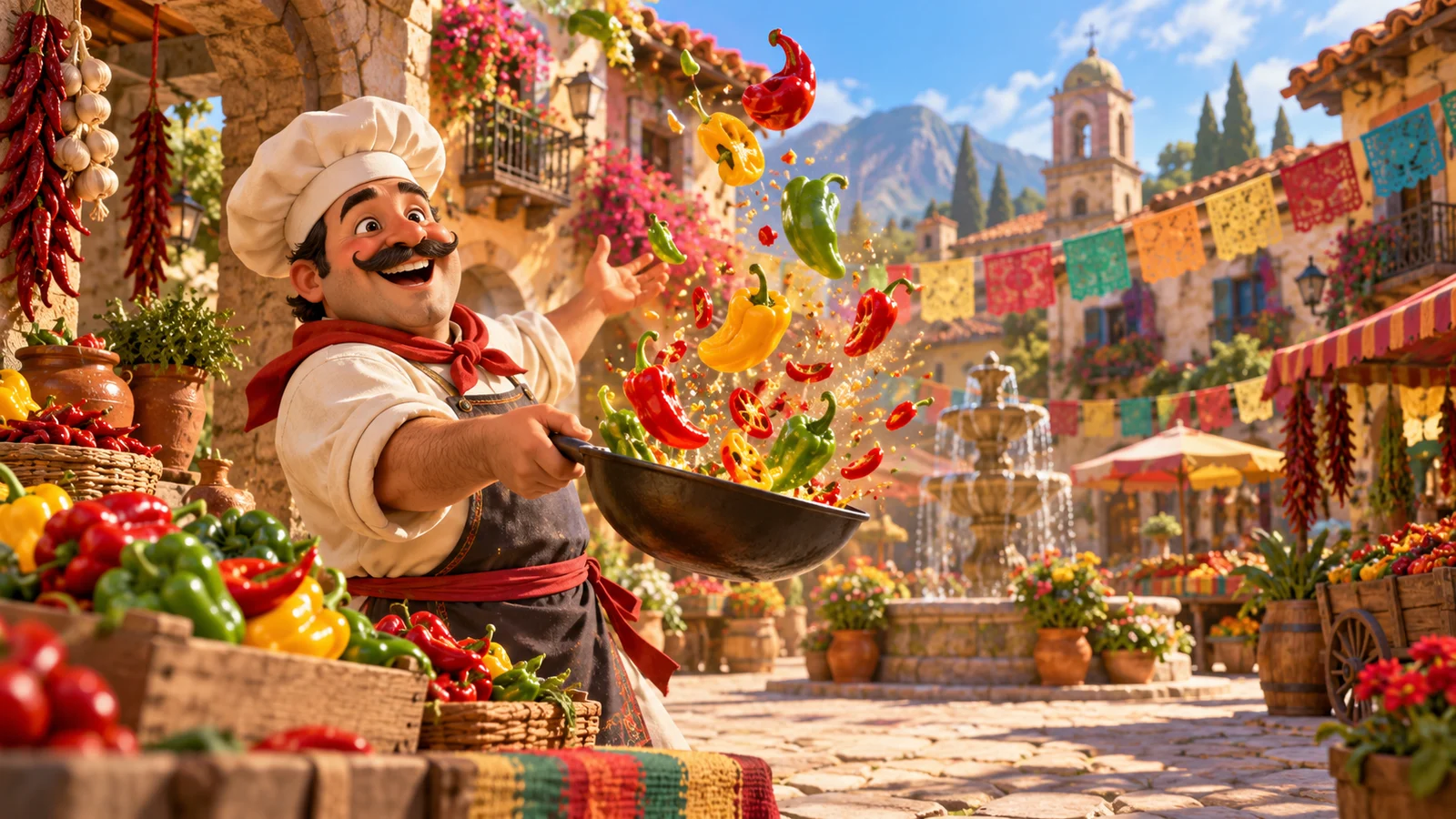 Original editorial artwork of a cheerful cook tossing colourful peppers in a sunlit market