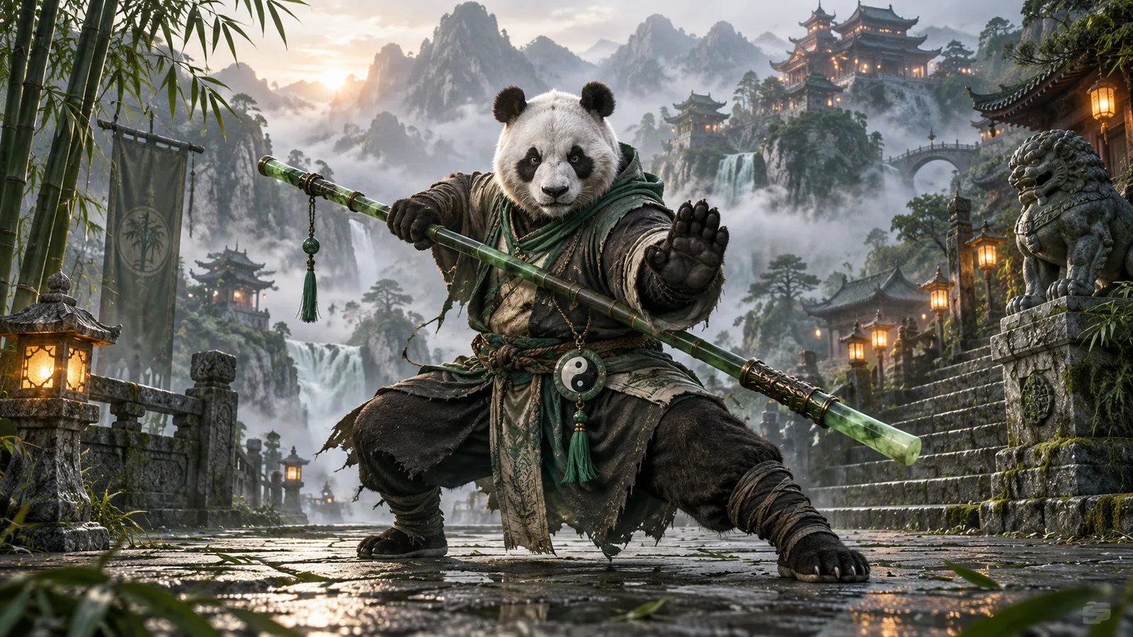 Original editorial artwork of a panda martial-arts master training in a misty mountain courtyard