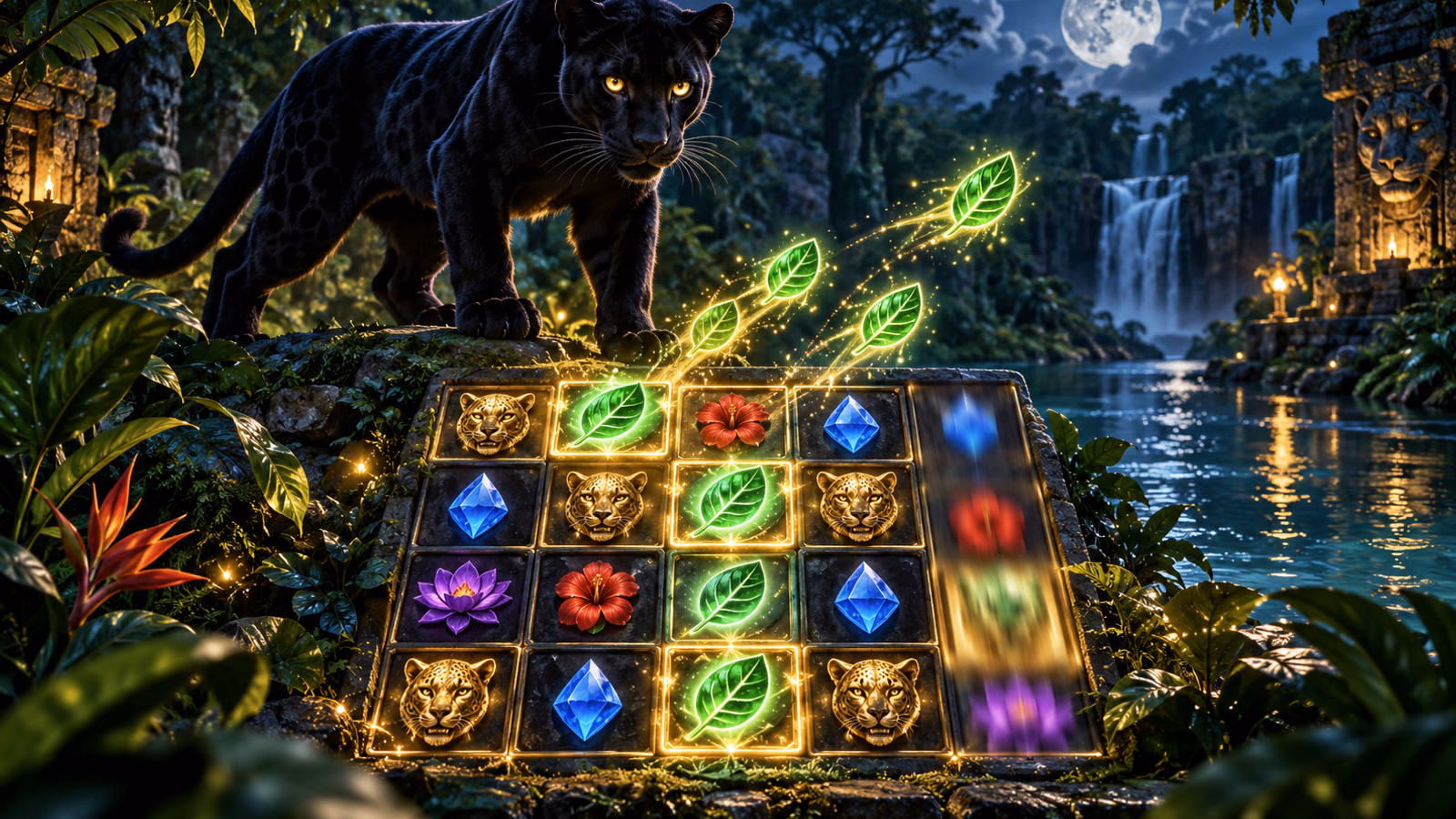 Original moonlit Amazon scene with a black panther, 4 by 5 board and Wild leaves spraying across symbols