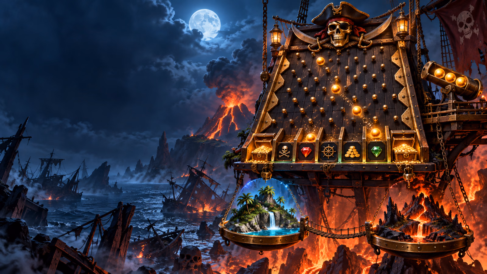 Original pirate Plinko machine above a volcanic ship graveyard and two destination islands