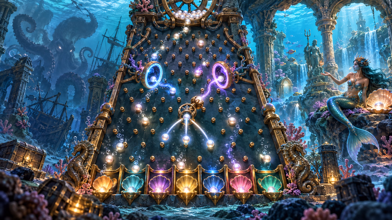 Original underwater Plinko board with pearl balls, portals, re-launcher and mermaid cove