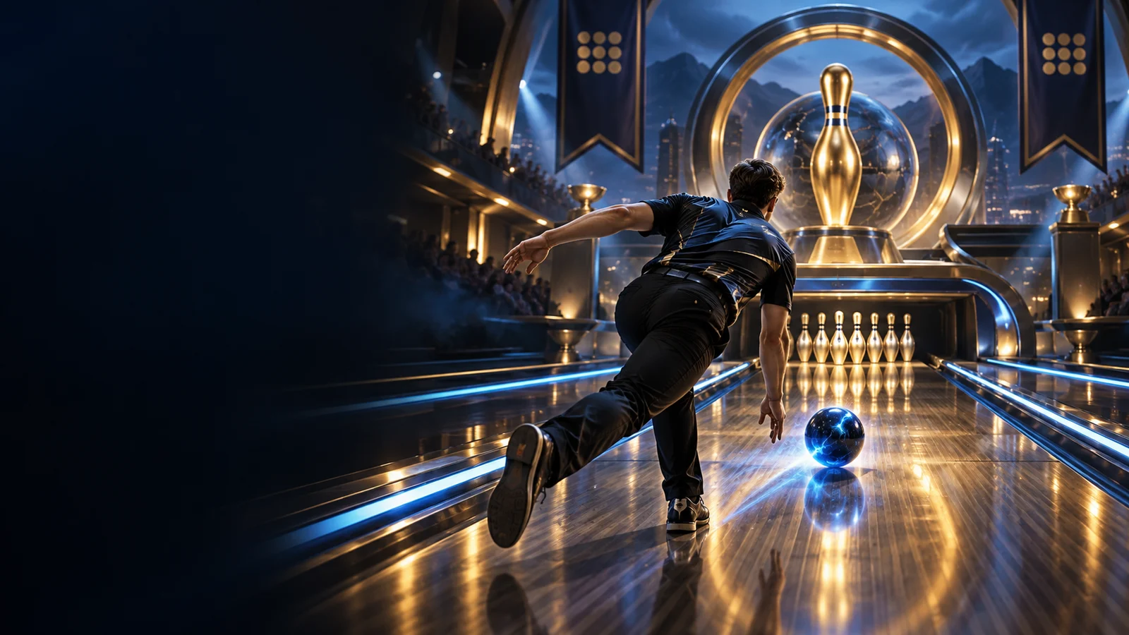 Original editorial artwork of a bowler releasing a glowing ball down a championship lane
