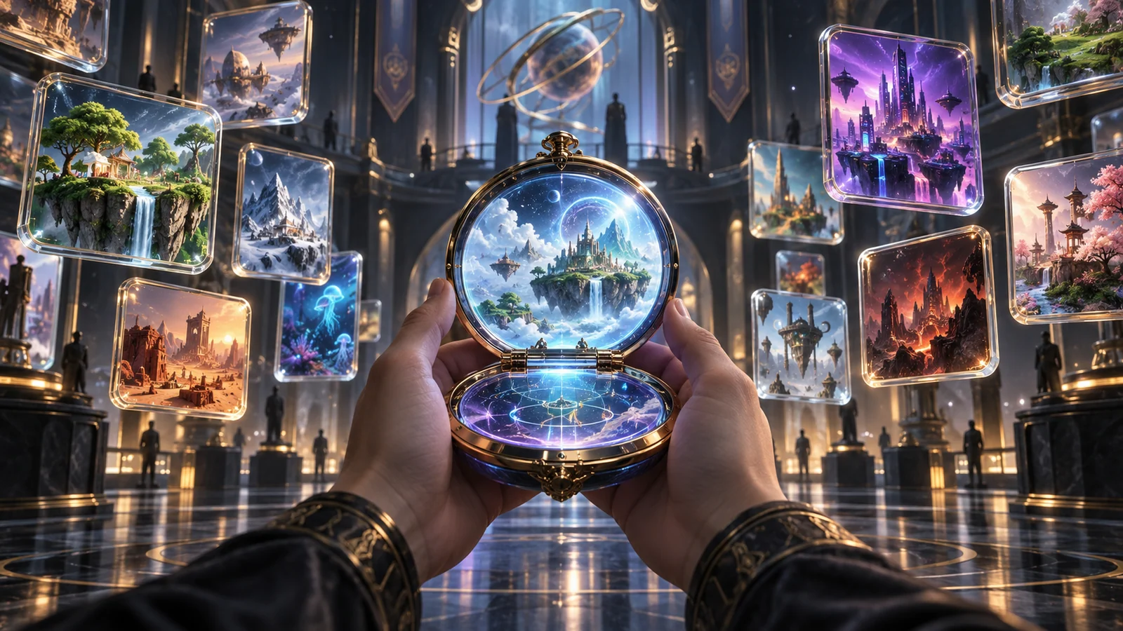 Original editorial artwork of a pocket-sized portal surrounded by floating game-world catalogue tiles