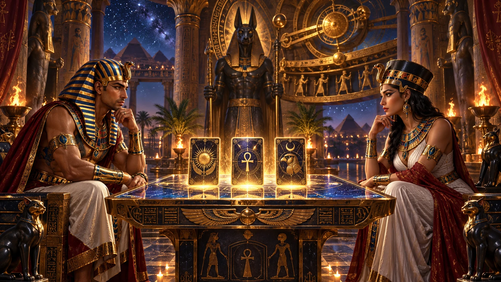 Original editorial artwork of an Egyptian pharaoh and queen studying three enchanted cards beneath a starry temple ceiling