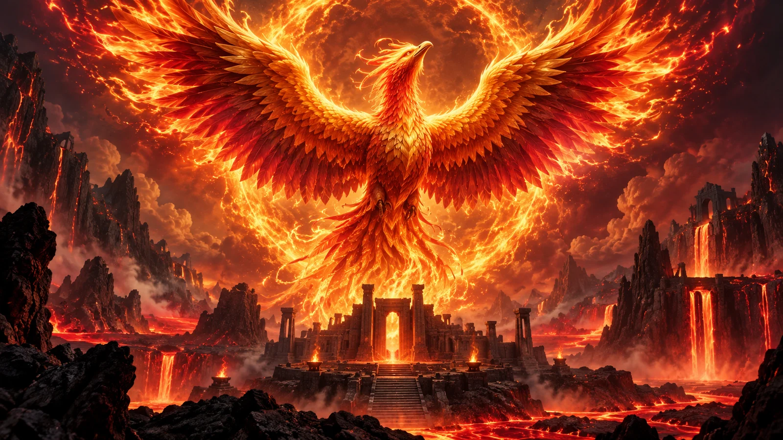 Original editorial artwork of a blazing phoenix rising above a volcanic temple