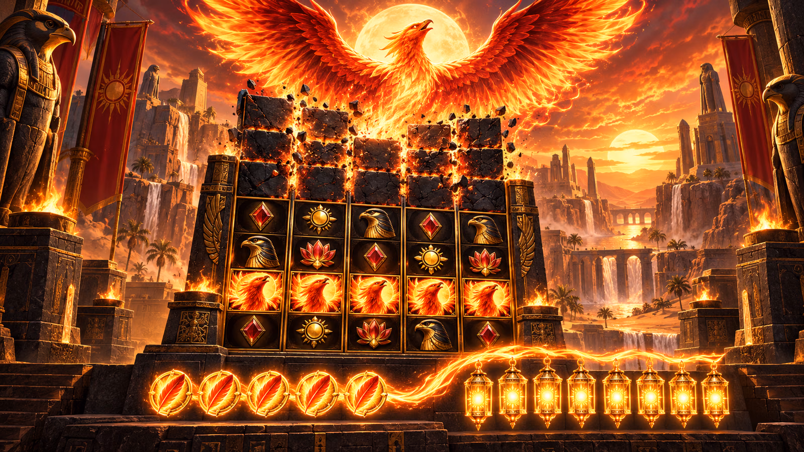 Original desert temple with a fiery phoenix, five-column board expanding from three to six rows and five collected firebird tokens