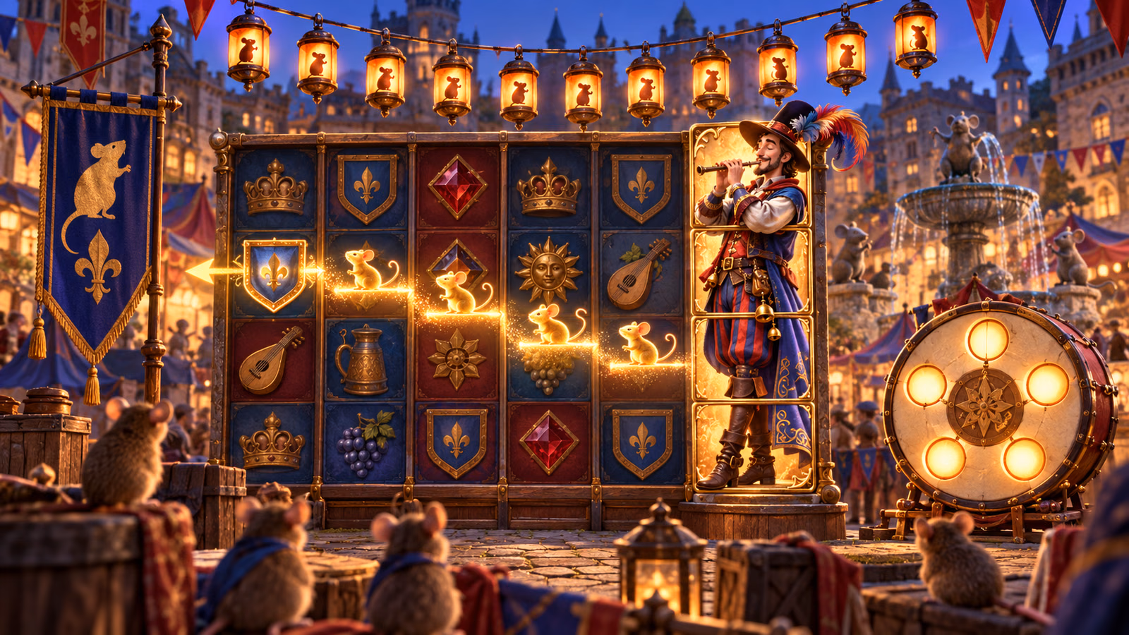 Original medieval festival with a tall stacked flute-player symbol, glowing mouse tokens moving left and a five-light respin drum
