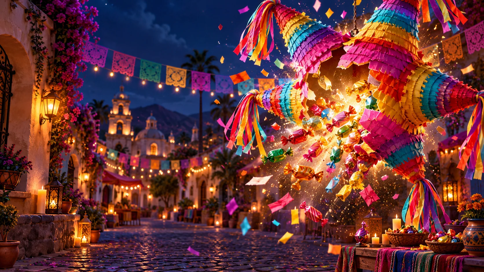 Original editorial artwork of a colourful star piñata opening above a lantern-lit festival street