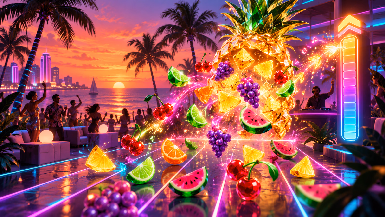 Original neon beach-club scene with crystalline pineapple, tumbling fruit and a rising light meter