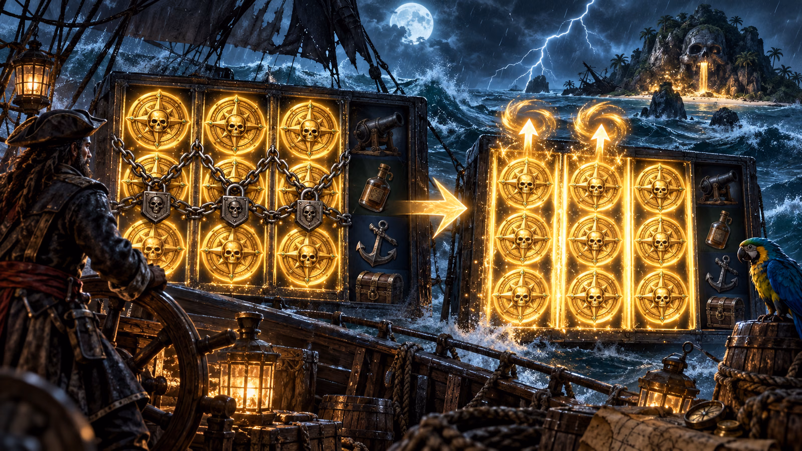 Original storm-lit pirate ship with the first three reels covered by charms, locked symbols and two extra-spin sparks