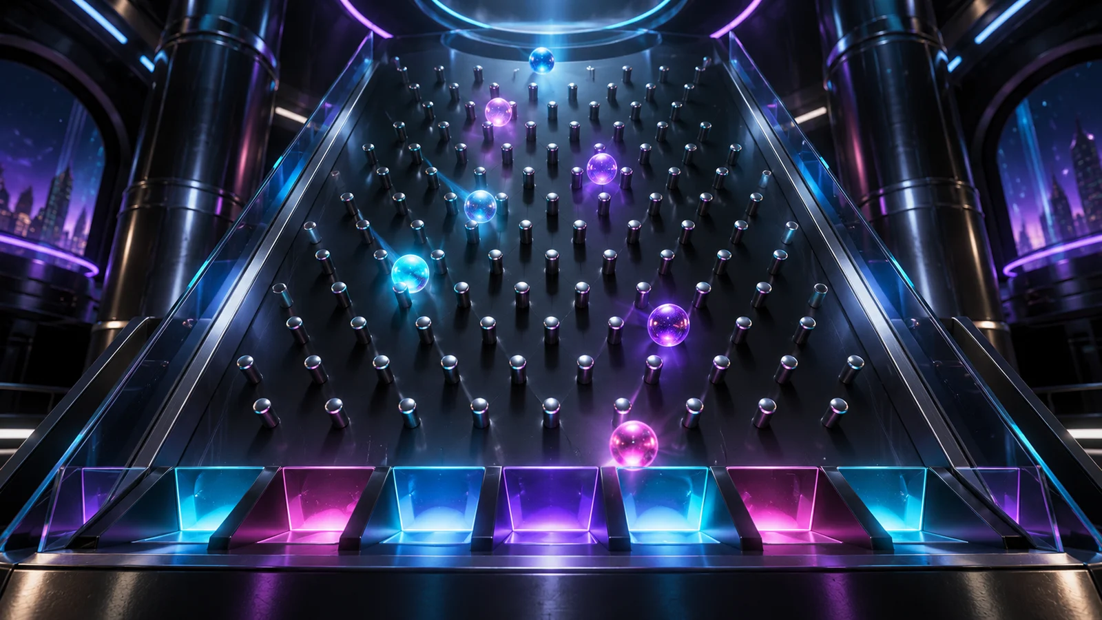 Original editorial artwork of glowing balls descending through a futuristic pin board