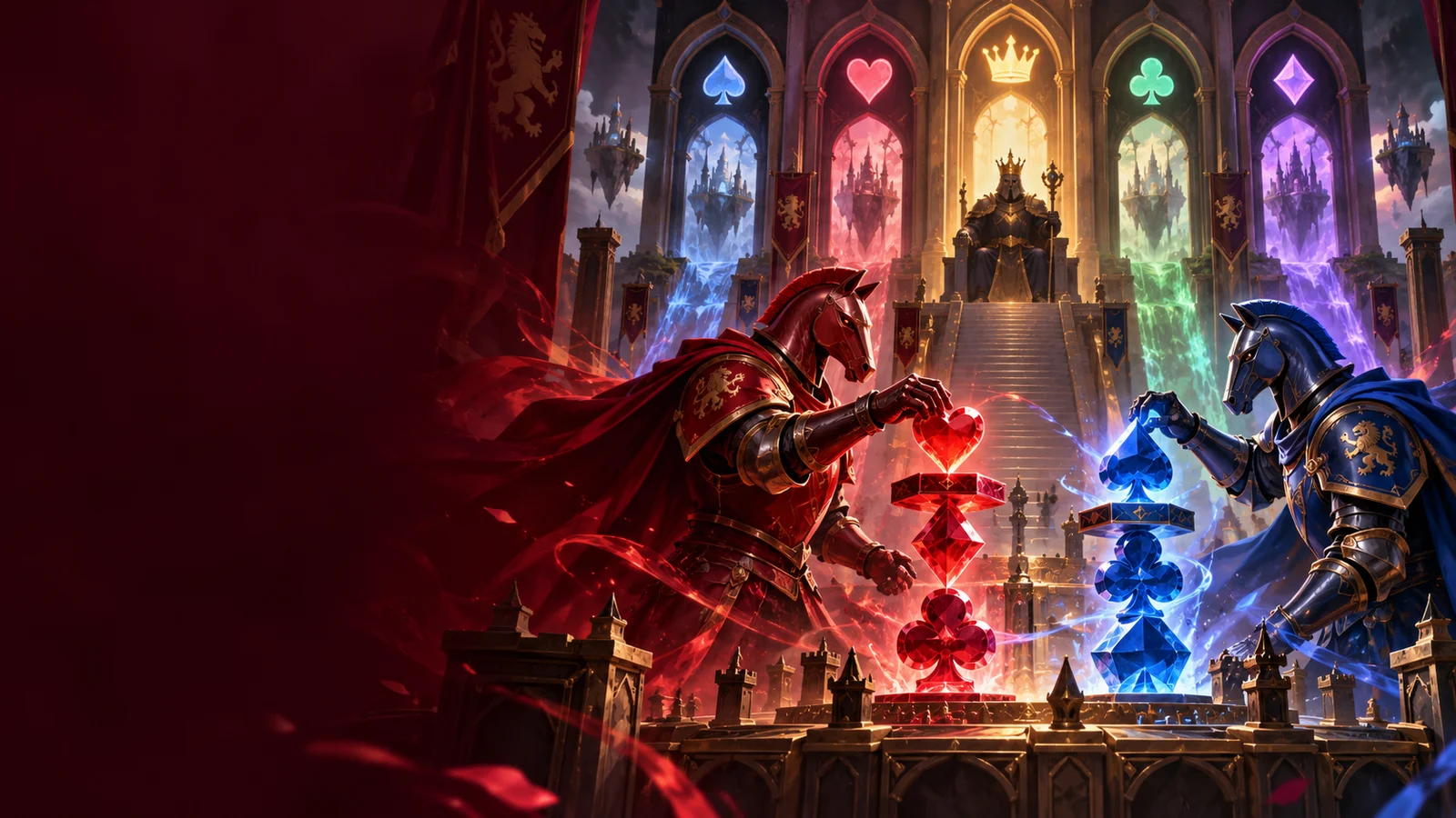 Original editorial artwork of red and blue knights competing with glowing suit-shaped crystals in a royal arena
