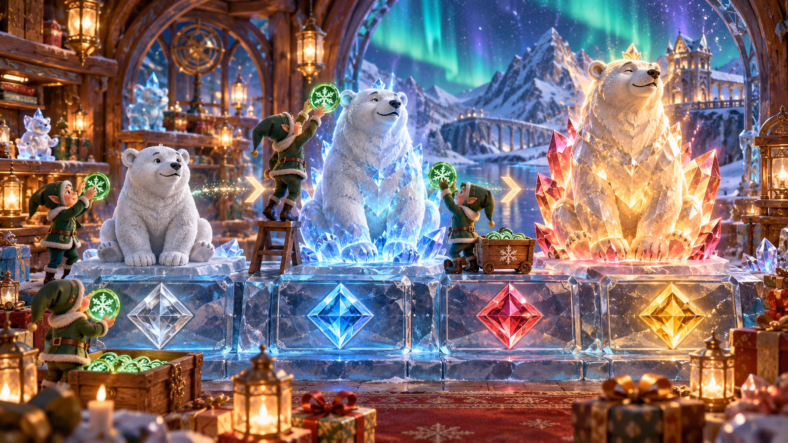 Original Arctic workshop with three polar bears progressively transforming into Wild ice sculptures
