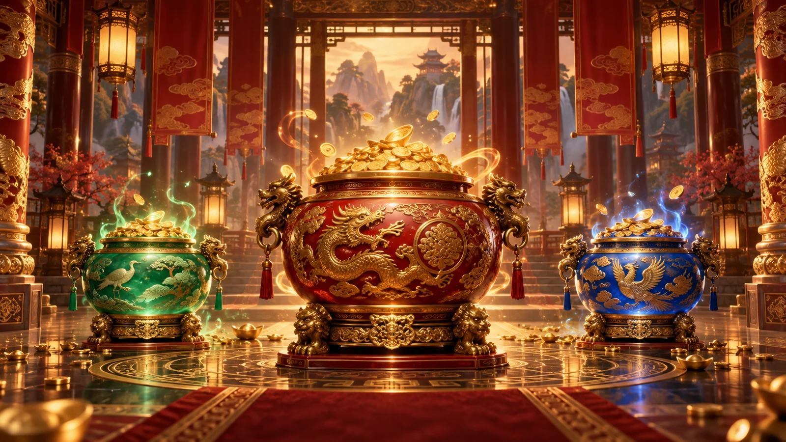 Original editorial artwork of three ornate fortune pots in a crimson and gold hall