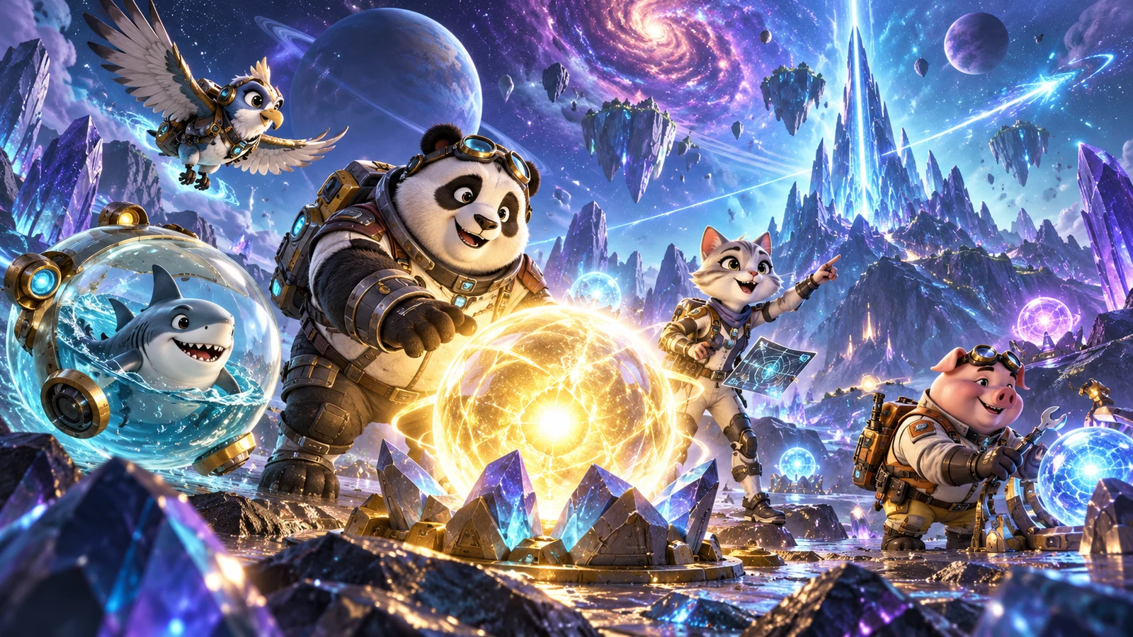 Original editorial artwork of an animal space crew collecting luminous power spheres
