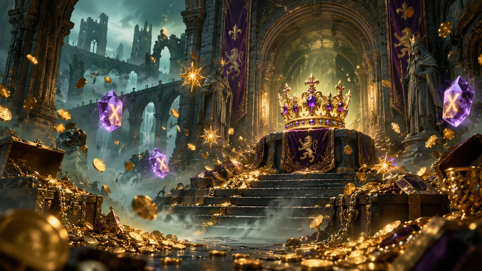 Original dark fantasy artwork of a jewel crown in a ruined royal treasury