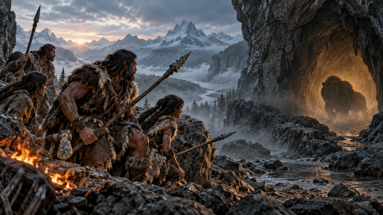 Original editorial artwork of prehistoric hunters watching a cave lion at dawn