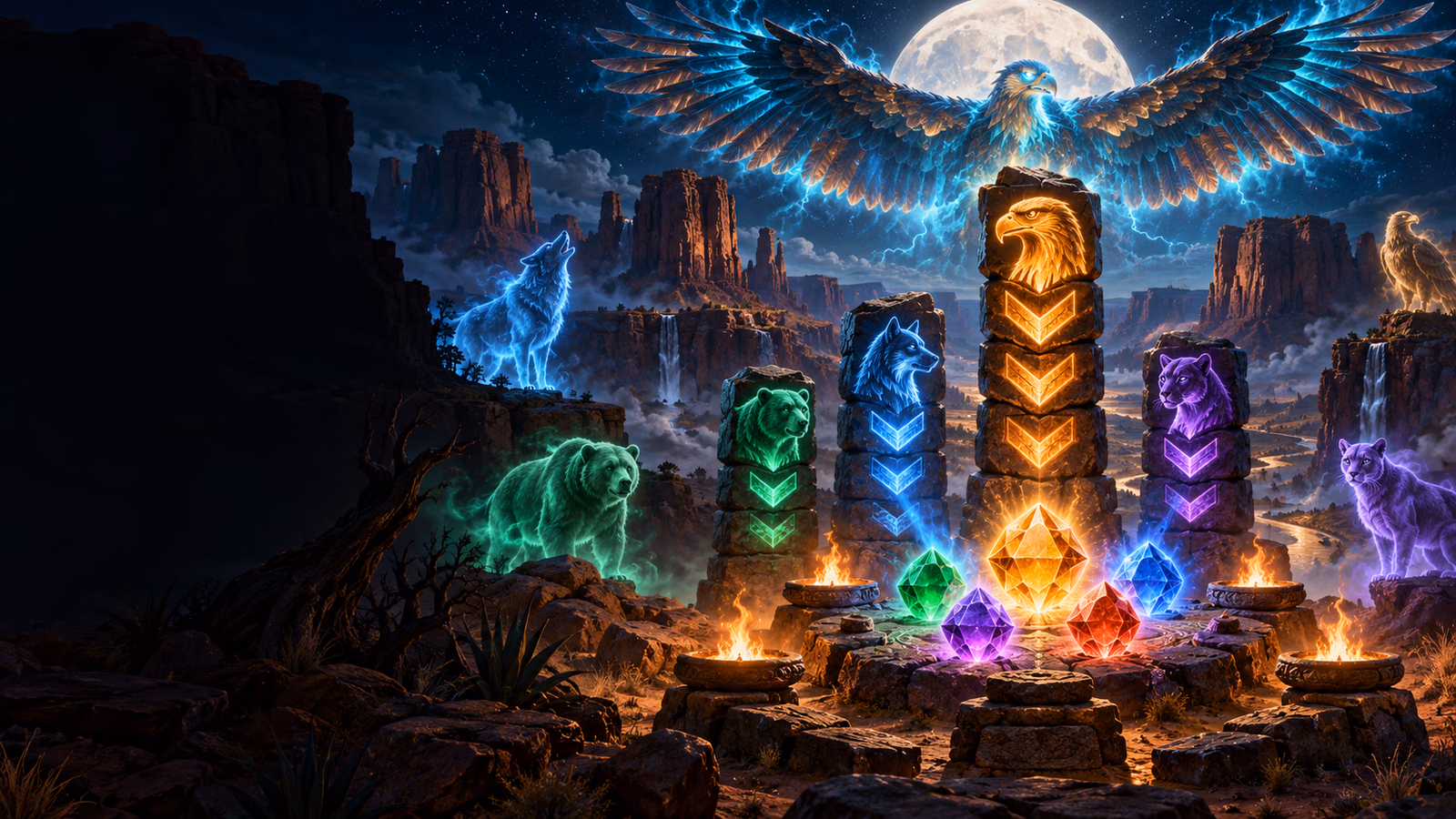 Original moonlit fantasy canyon with thunderbird spirit, enchanted gems, animal spirits and colour multiplier totems