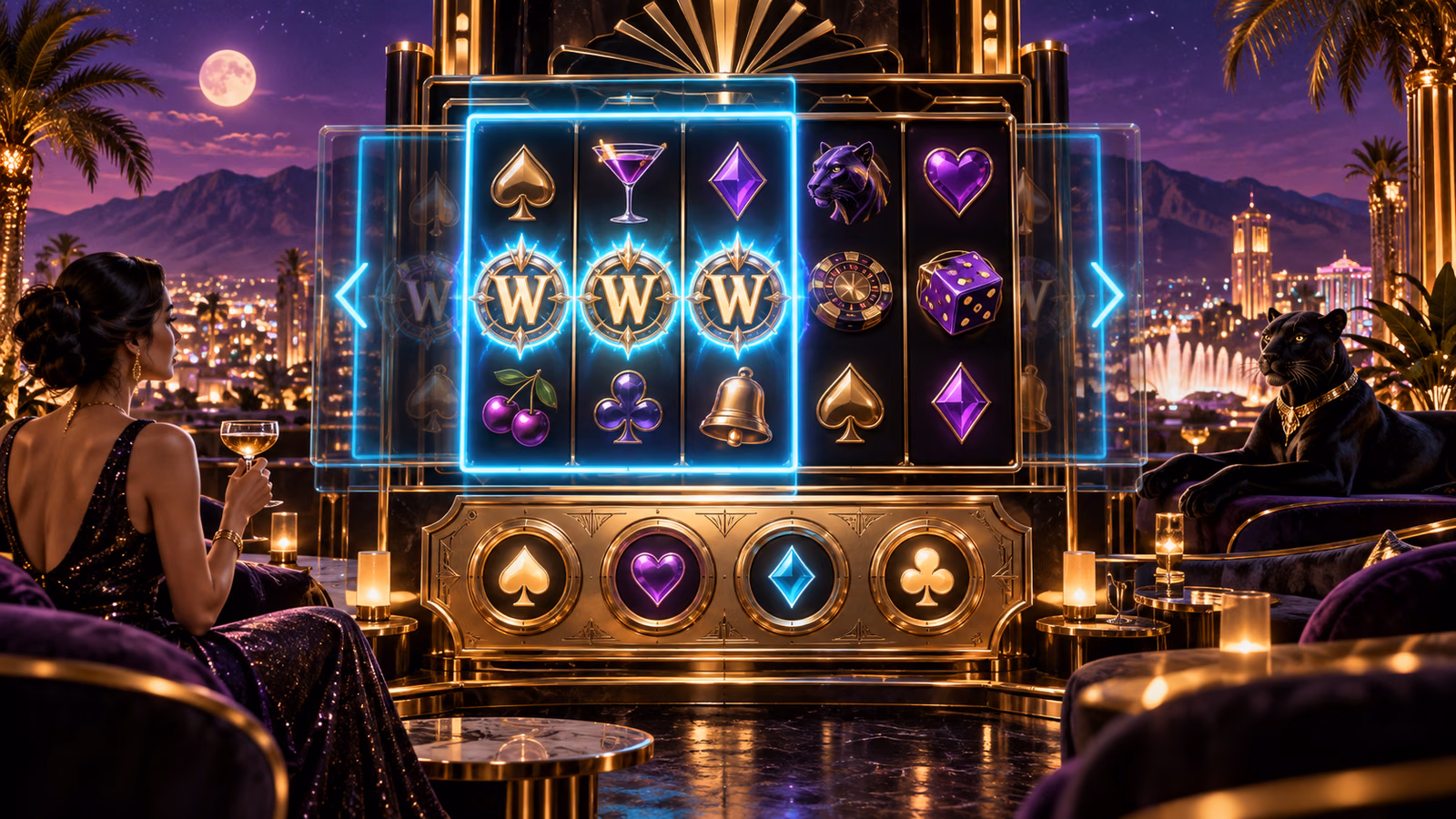 Original midnight casino lounge with a 3 by 5 board, a luminous moving three-reel zone and three Wild symbols