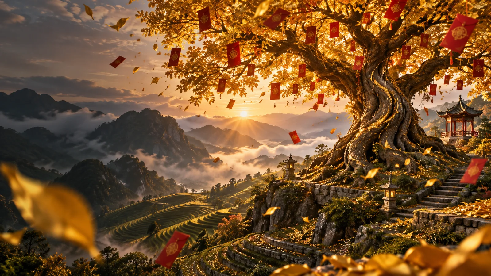 Original editorial artwork of an immense golden fortune tree above terraced mountains at sunrise