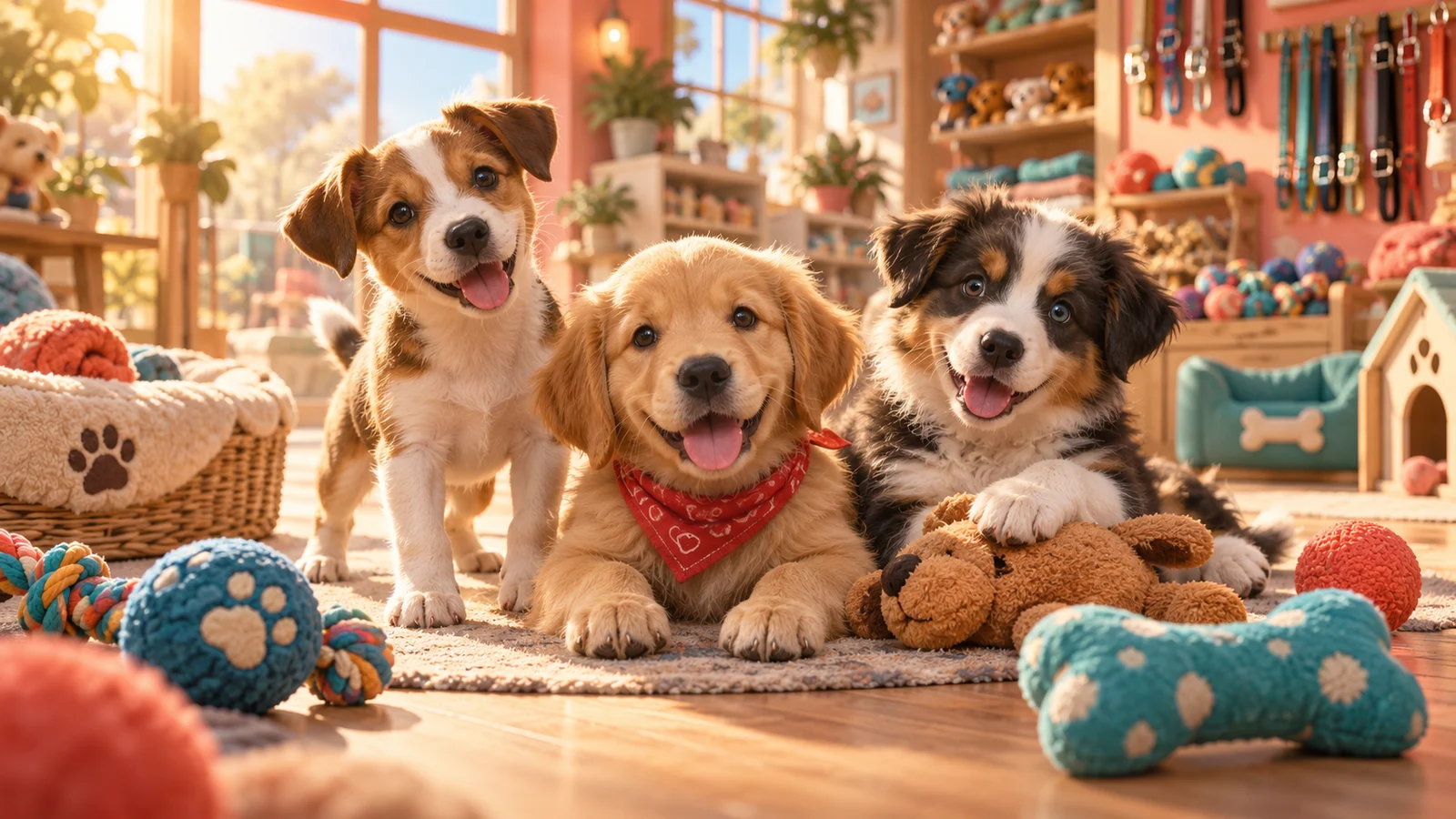 Original editorial artwork of three playful puppies in a bright pet boutique