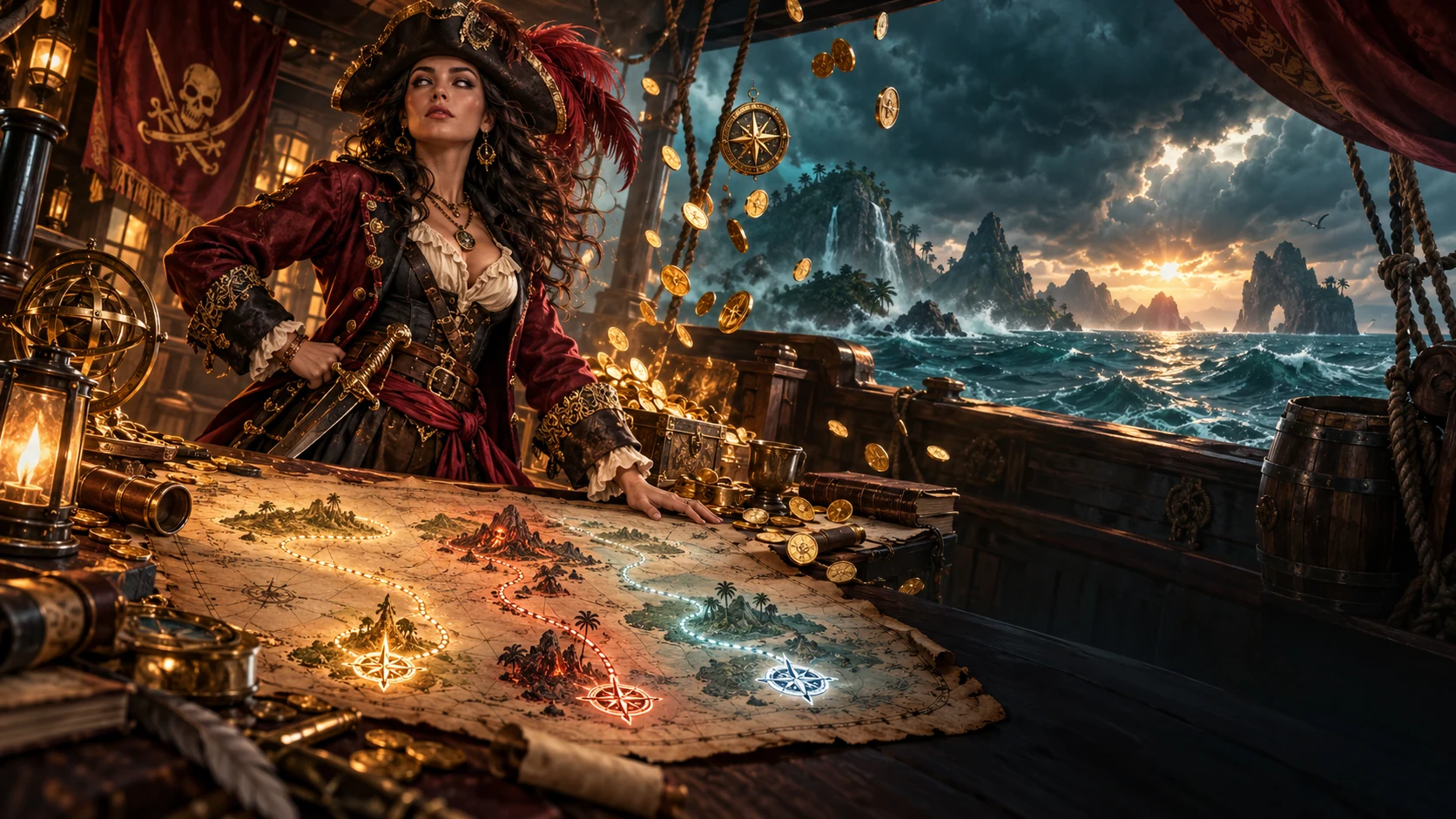 Original editorial artwork of a pirate queen studying three luminous routes across a treasure map
