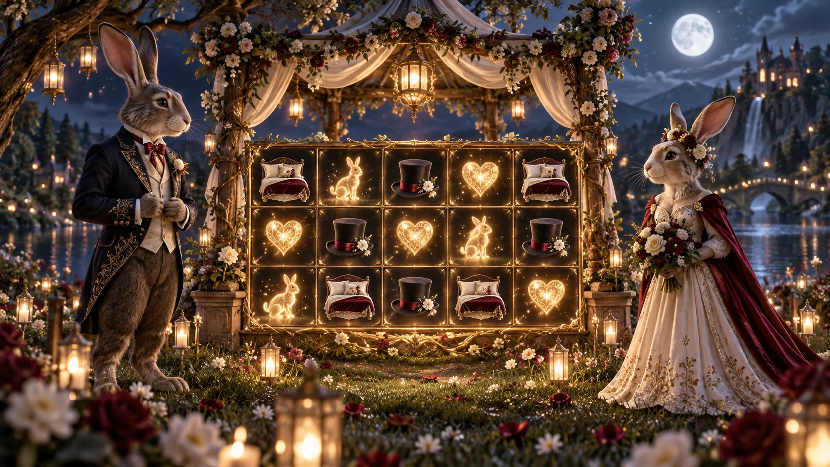 Original editorial artwork of two rabbits beside a moonlit wedding collector grid