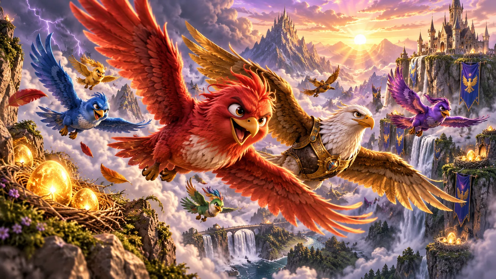 Original editorial artwork of colourful fantasy birds flying above a mountain kingdom and glowing eggs