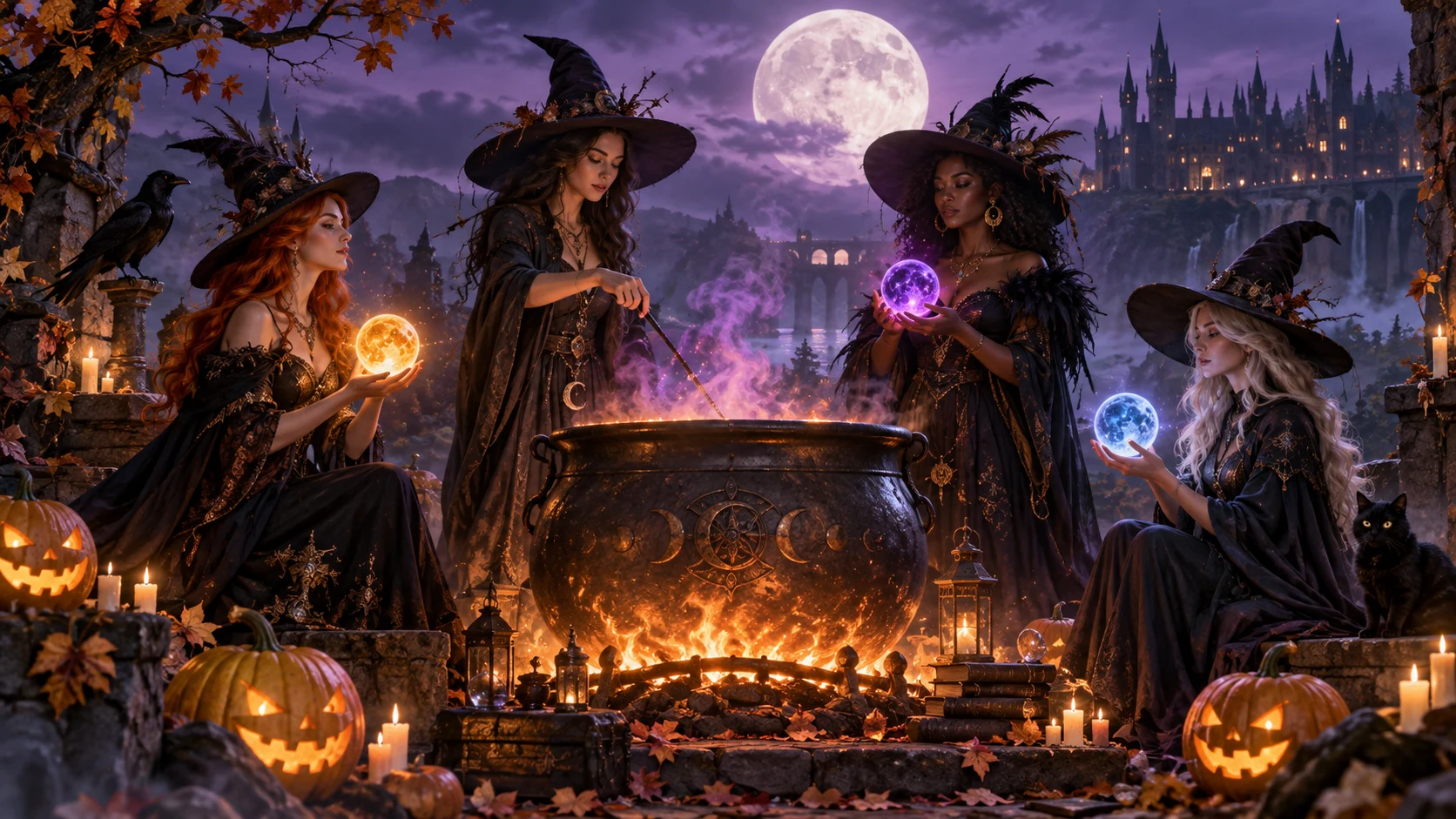 Original editorial artwork of witches around a glowing cauldron beneath a full moon