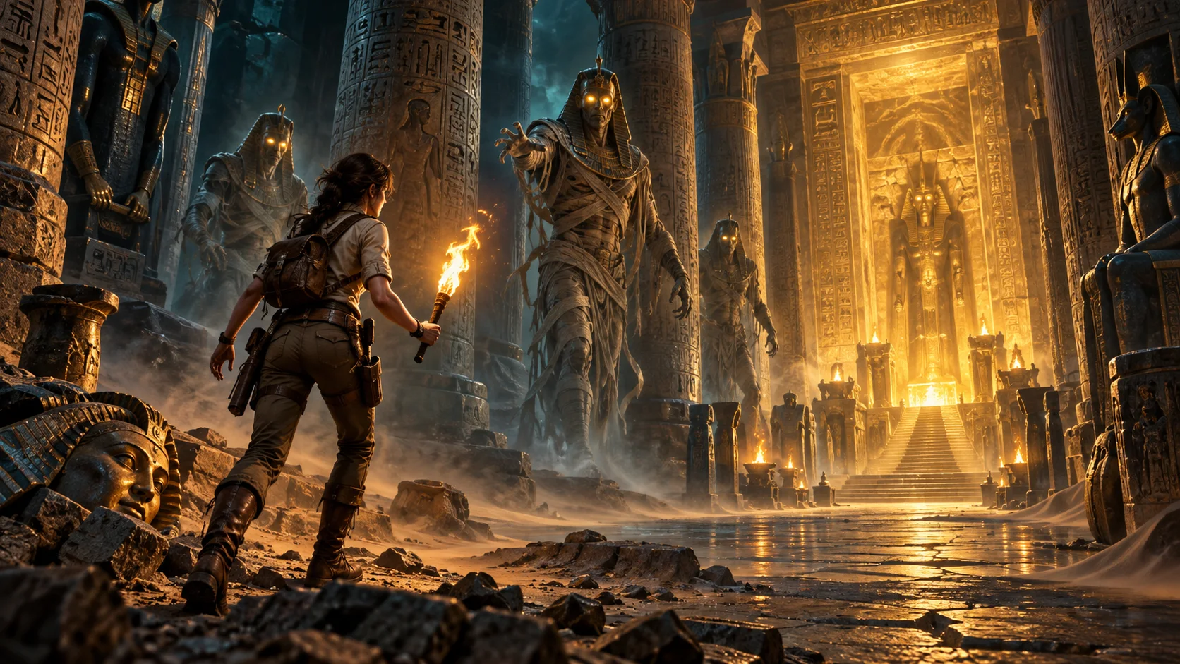 Original editorial artwork of an archaeologist confronting mummy guardians inside a vast golden crypt