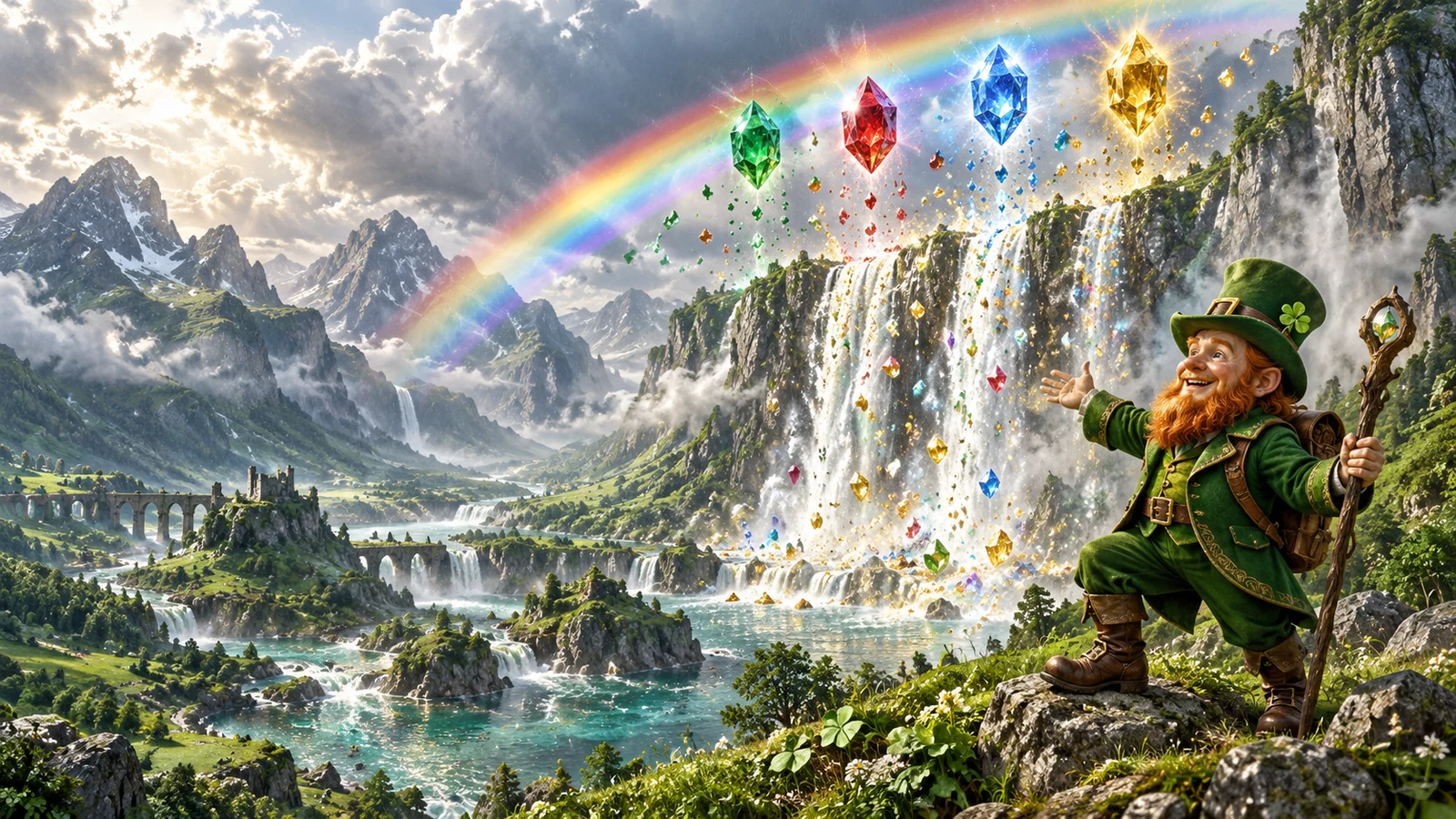 Original editorial artwork of a leprechaun overlooking rainbow waterfalls and coloured crystals