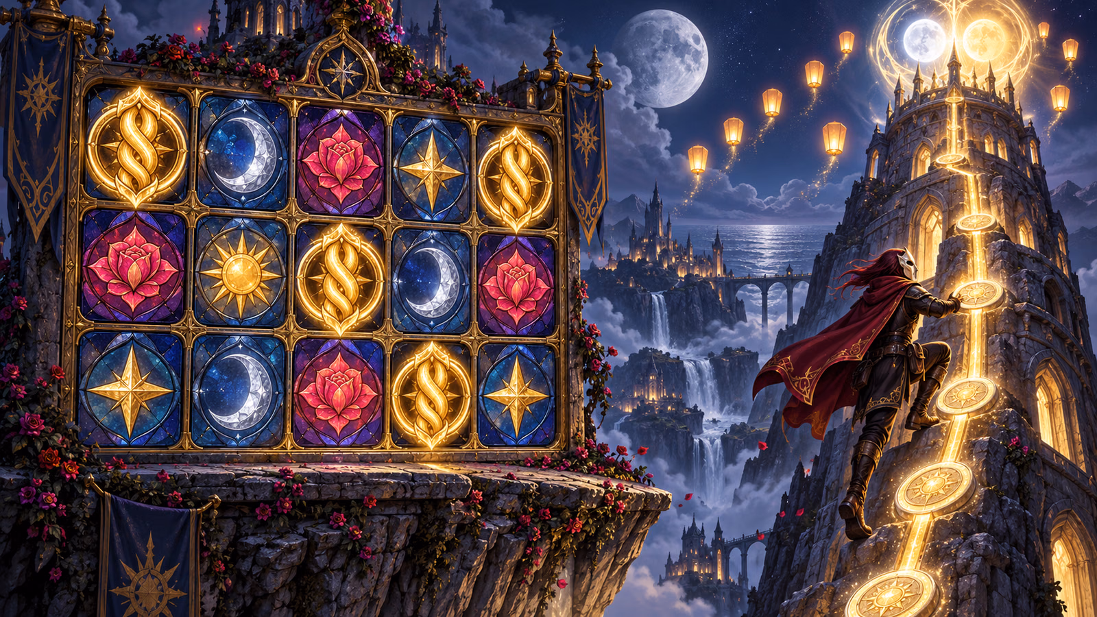 Original moonlit tower with a three-by-five stained-glass board, locked golden braid tokens and a luminous climbing route
