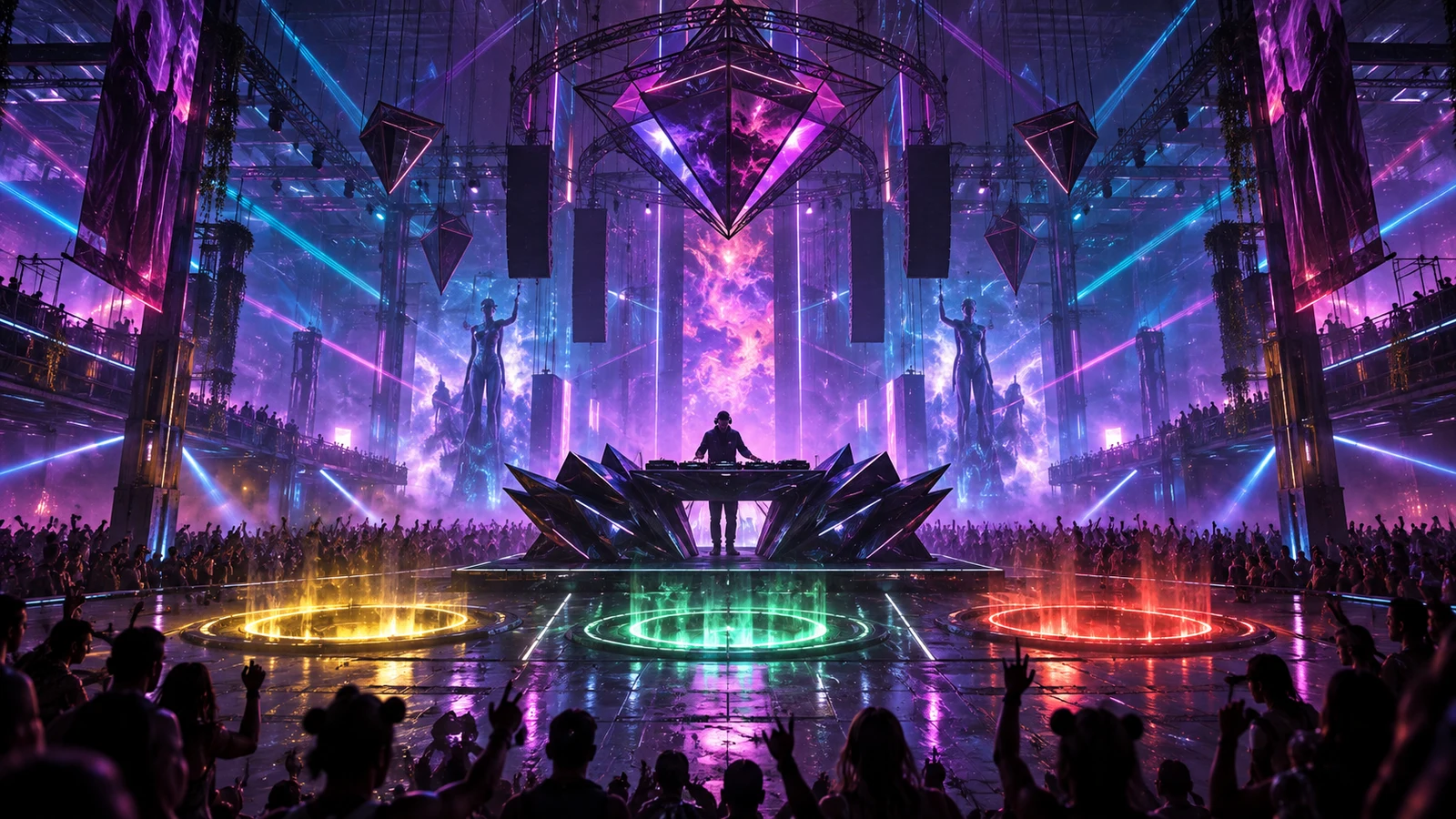Original editorial artwork of a central DJ performing above three glowing yellow, green and red activation zones in a futuristic warehouse