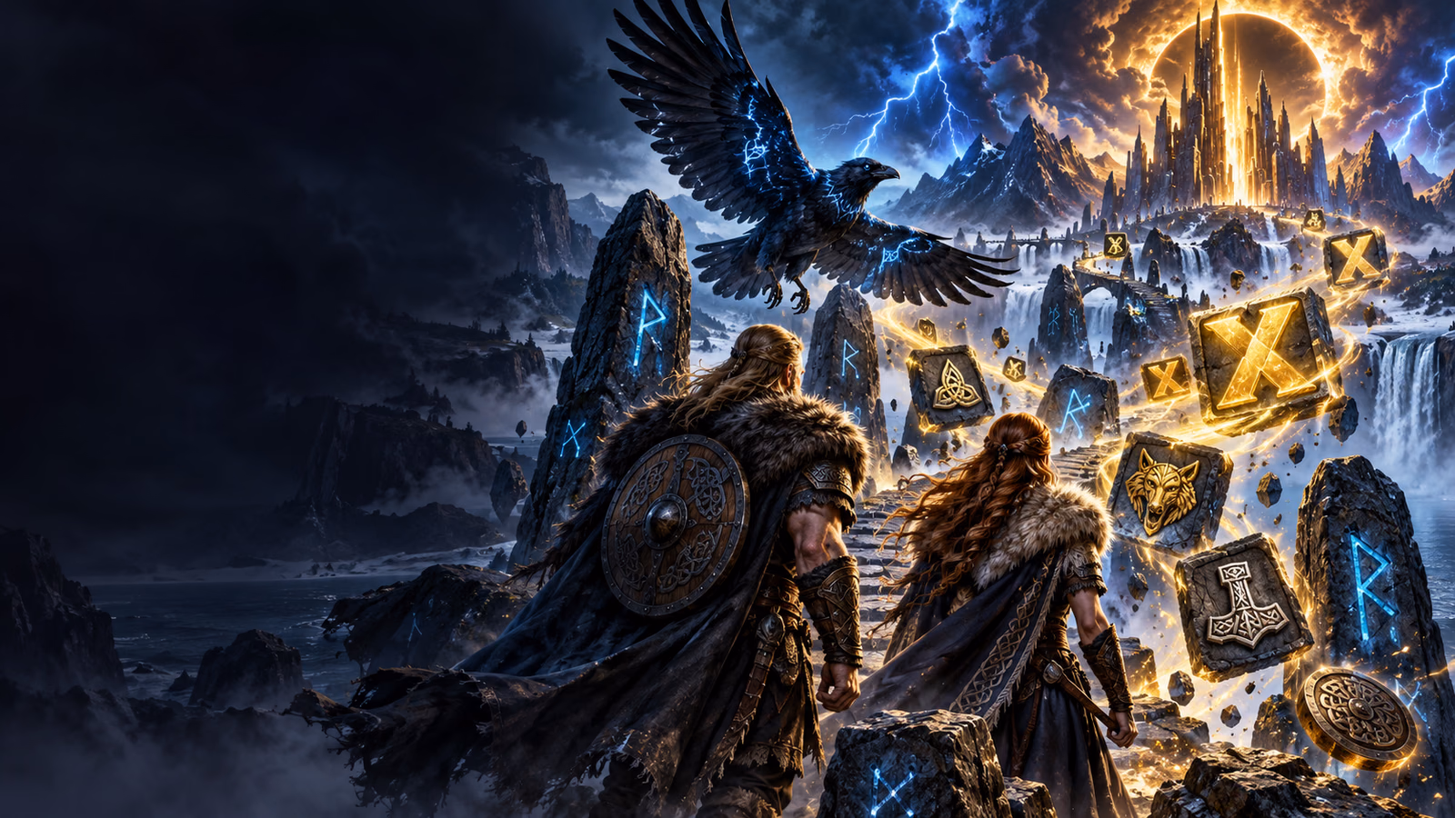 Original Norse fantasy scene with mystical raven, two travellers, tumbling rune stones and multiplier energy