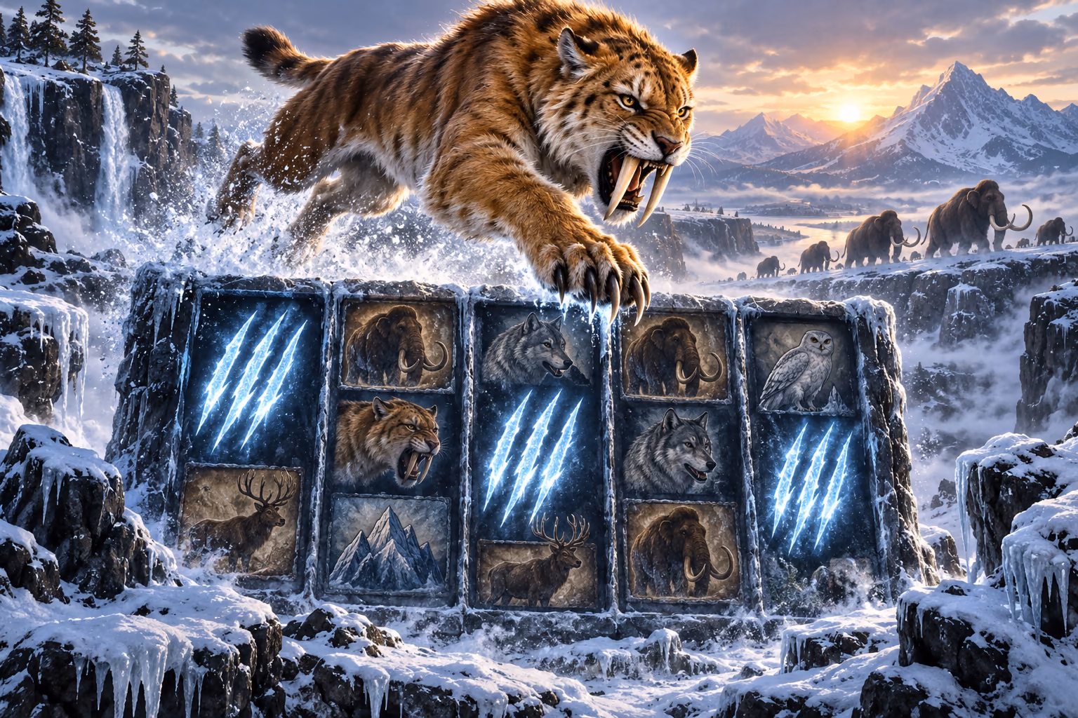 Original ice-age scene with a sabre-toothed cat leaping over a five-reel board and three glowing claw Wild marks