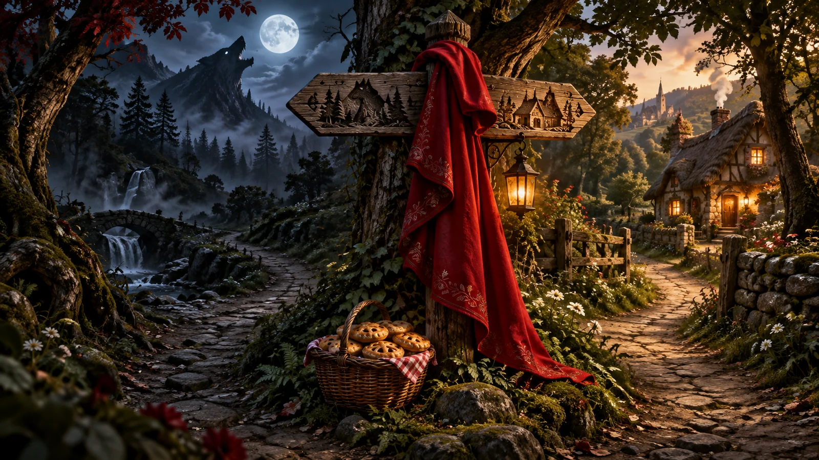 Original editorial artwork of a red cloak and pie basket at a moonlit forest crossroads