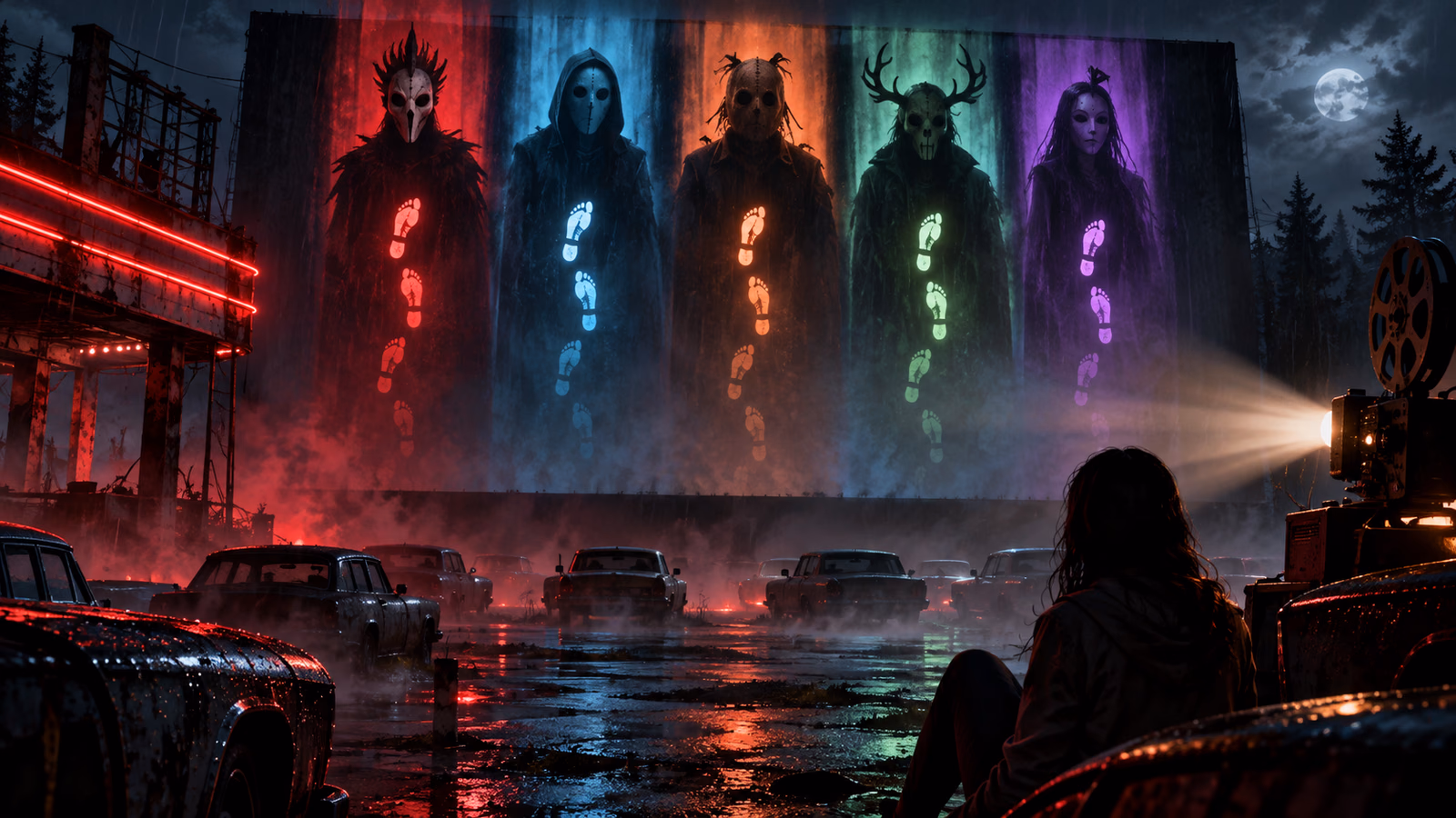 Original retro drive-in horror scene with five coloured masked silhouettes and persistent footprint trails