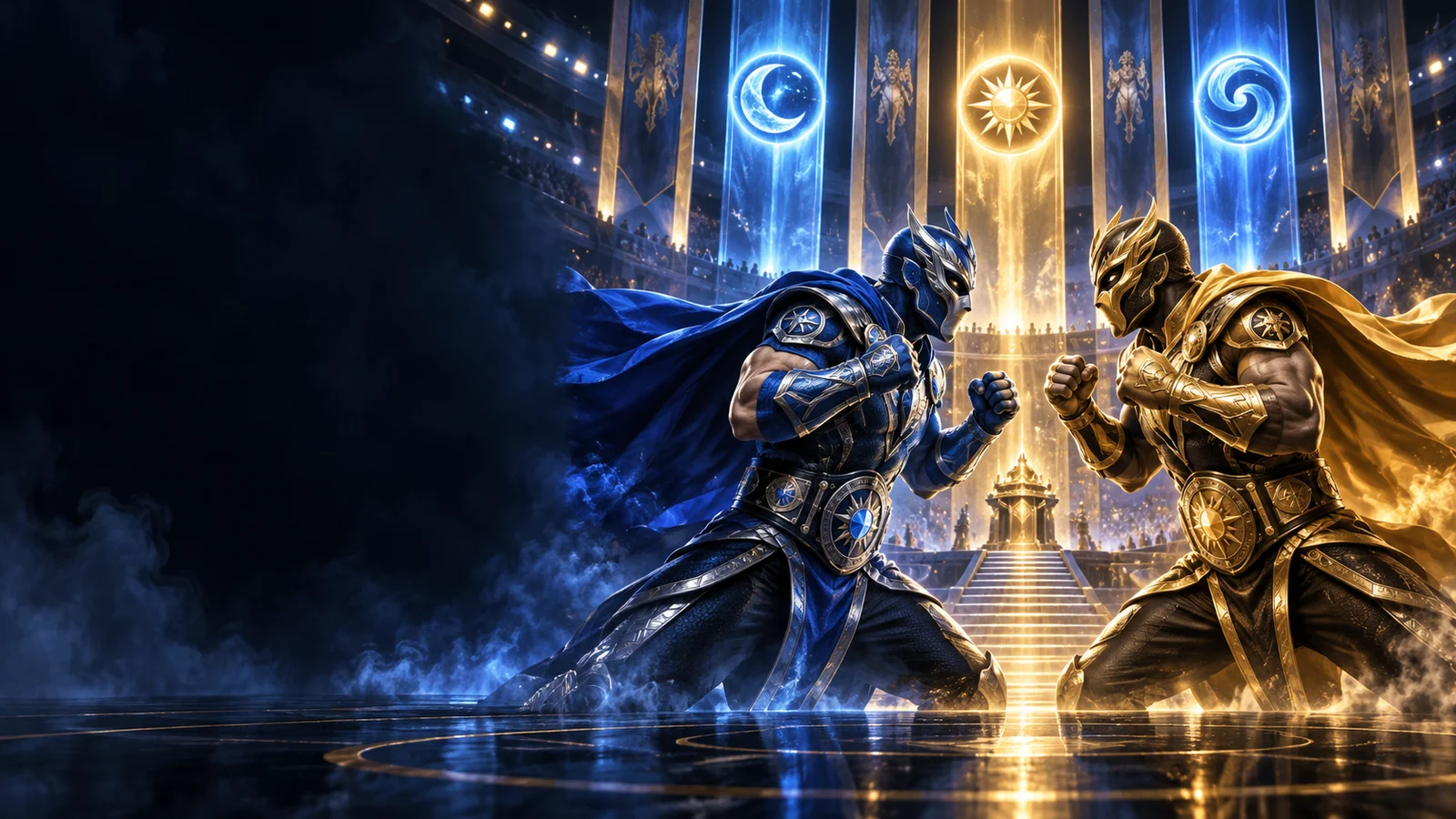 Original editorial artwork of blue and gold masked champions facing each other in a luminous arena