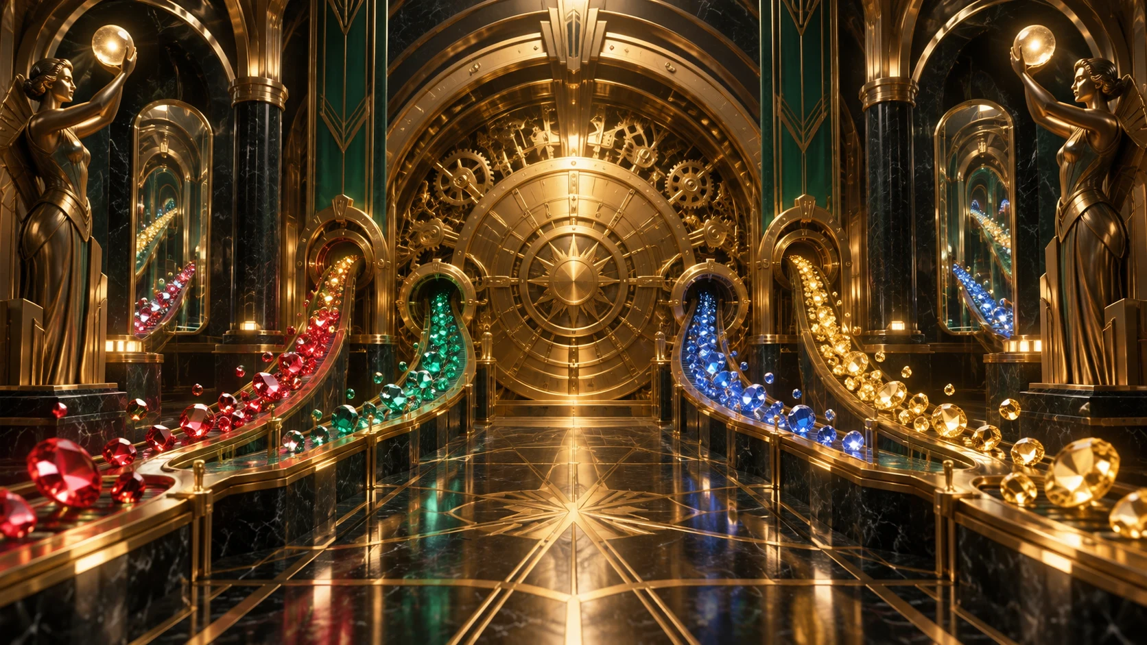 Original editorial artwork of an art-deco vault with four flowing gemstone trails