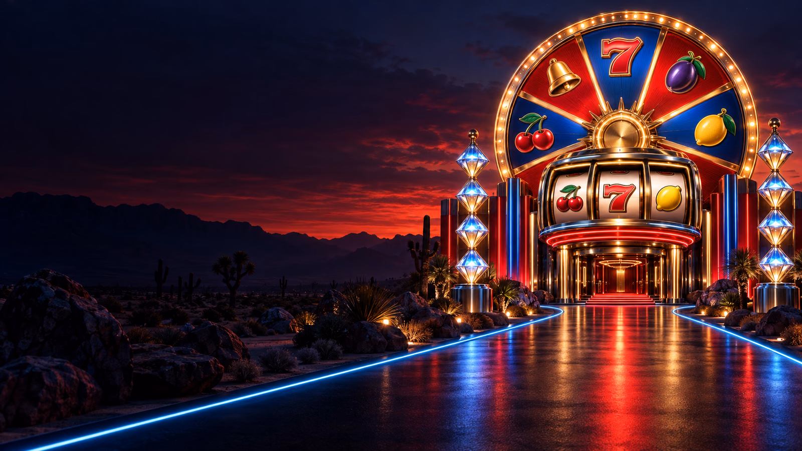 Original neon desert road leading to a retro three-reel pavilion, fortune wheel and diamond light stacks