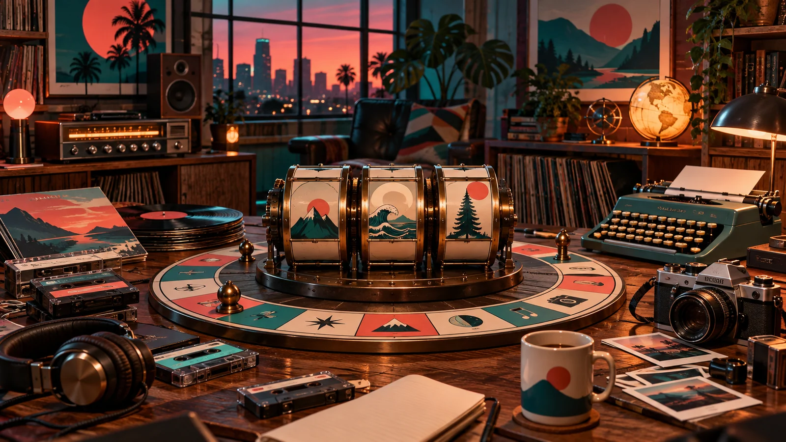 Original editorial artwork of a colourful retro media studio with vinyl records, cassettes, a typewriter and a three-drum game track